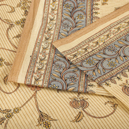 Sanskriti Vintage Saree Beige Pure Cotton Floral Printed Sari Fabric 5.5+Yard