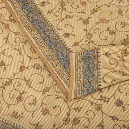 Sanskriti Vintage Saree Beige Pure Cotton Floral Printed Sari Fabric 5.5+Yard