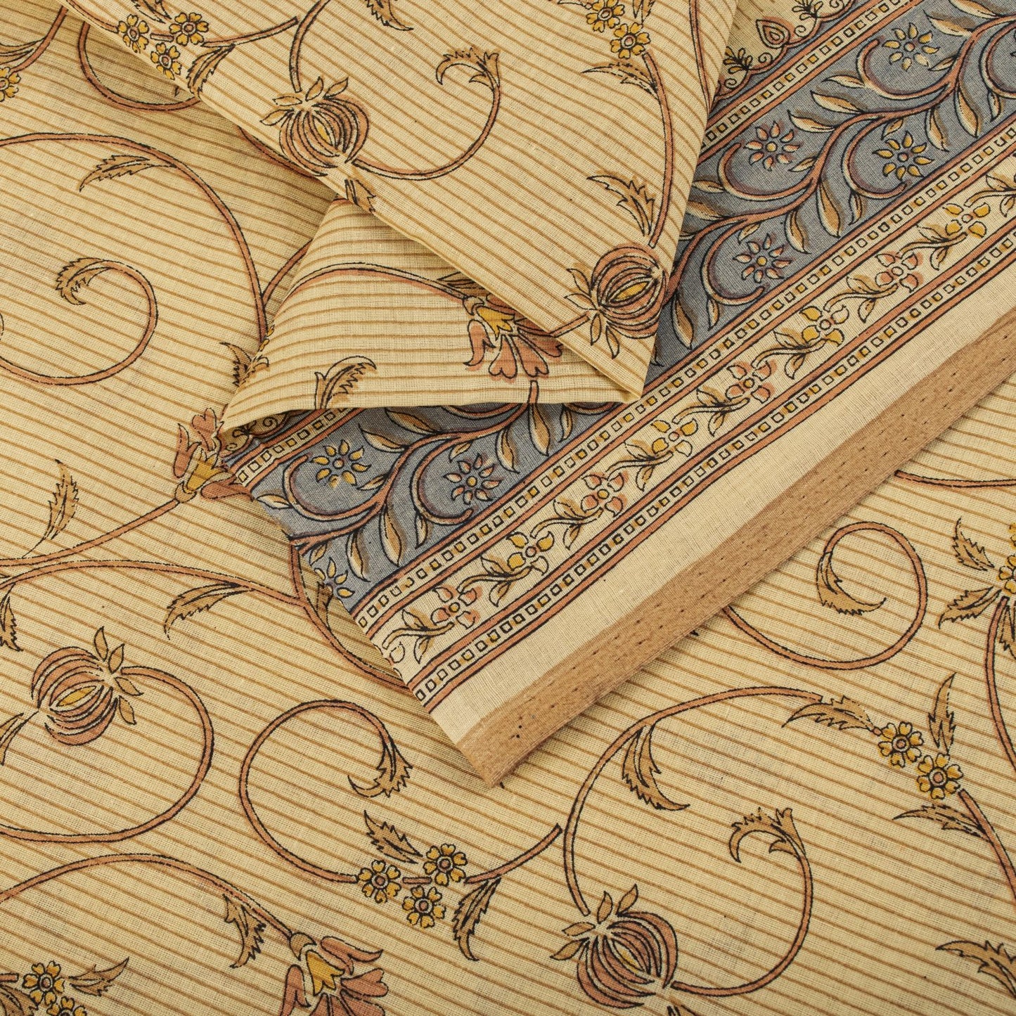 Sanskriti Vintage Saree Beige Pure Cotton Floral Printed Sari Fabric 5.5+Yard