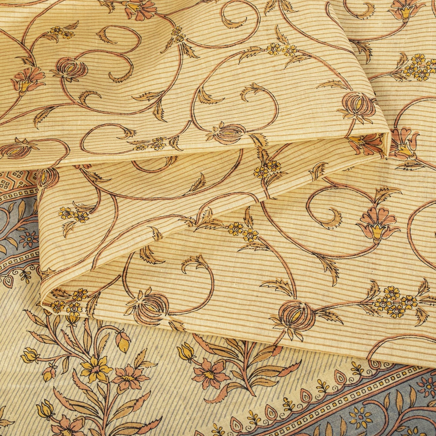 Sanskriti Vintage Saree Beige Pure Cotton Floral Printed Sari Fabric 5.5+Yard