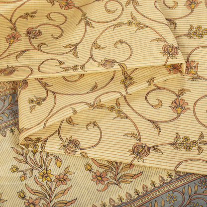 Sanskriti Vintage Saree Beige Pure Cotton Floral Printed Sari Fabric 5.5+Yard