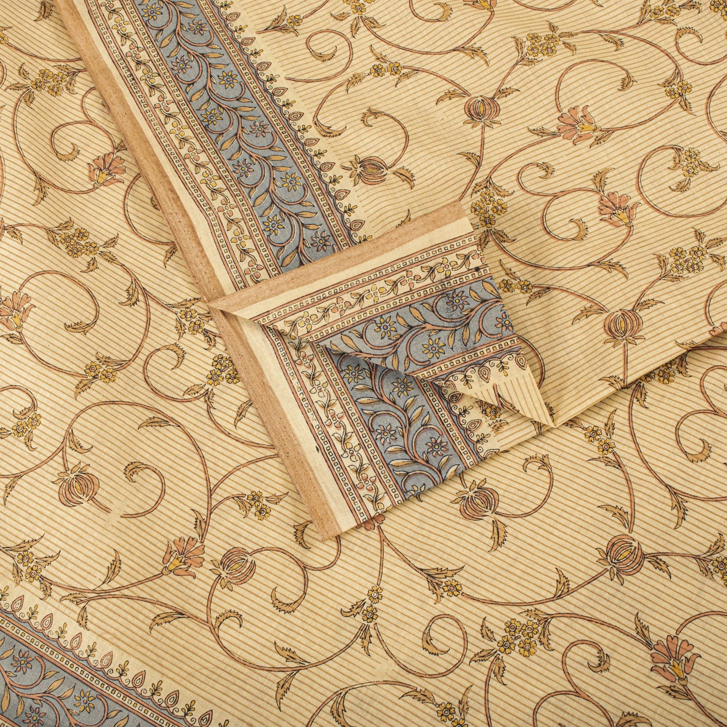 Sanskriti Vintage Saree Beige Pure Cotton Floral Printed Sari Fabric 5.5+Yard