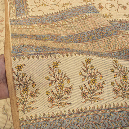 Sanskriti Vintage Saree Beige Pure Cotton Floral Printed Sari Fabric 5.5+Yard