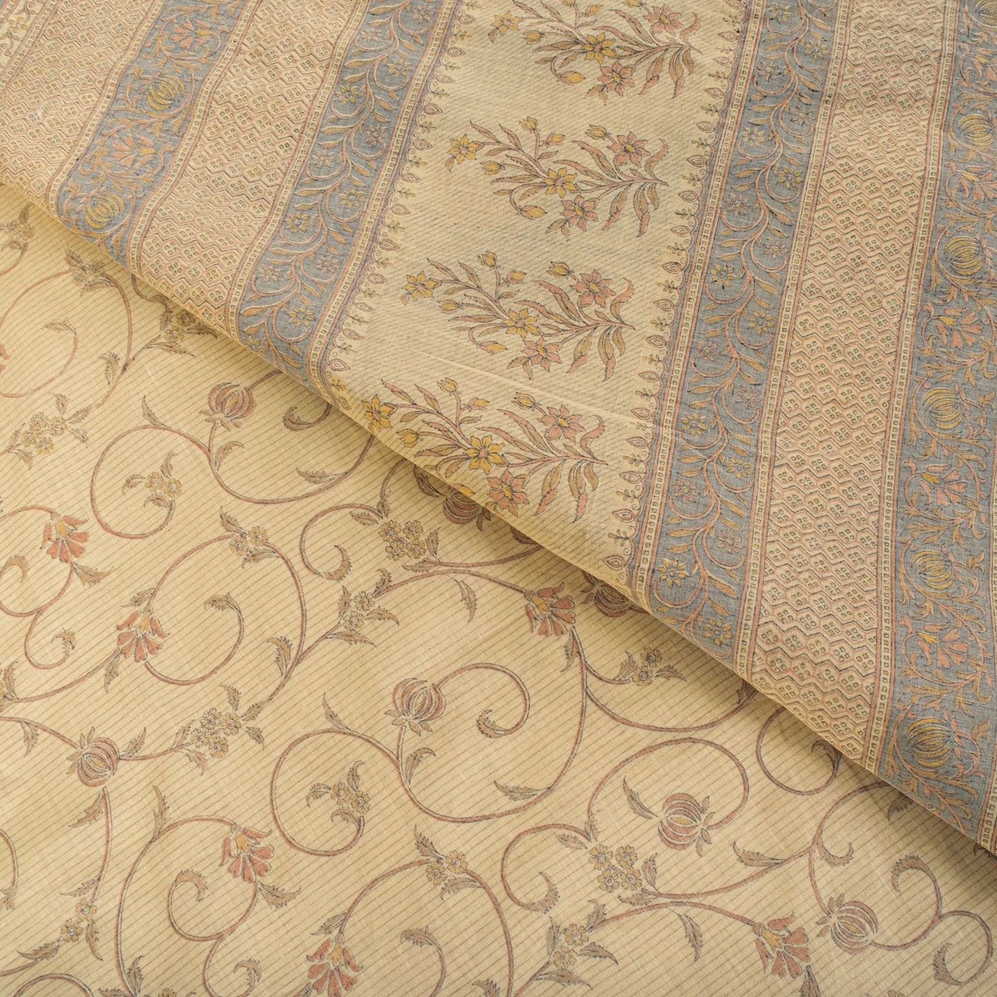 Sanskriti Vintage Saree Beige Pure Cotton Floral Printed Sari Fabric 5.5+Yard
