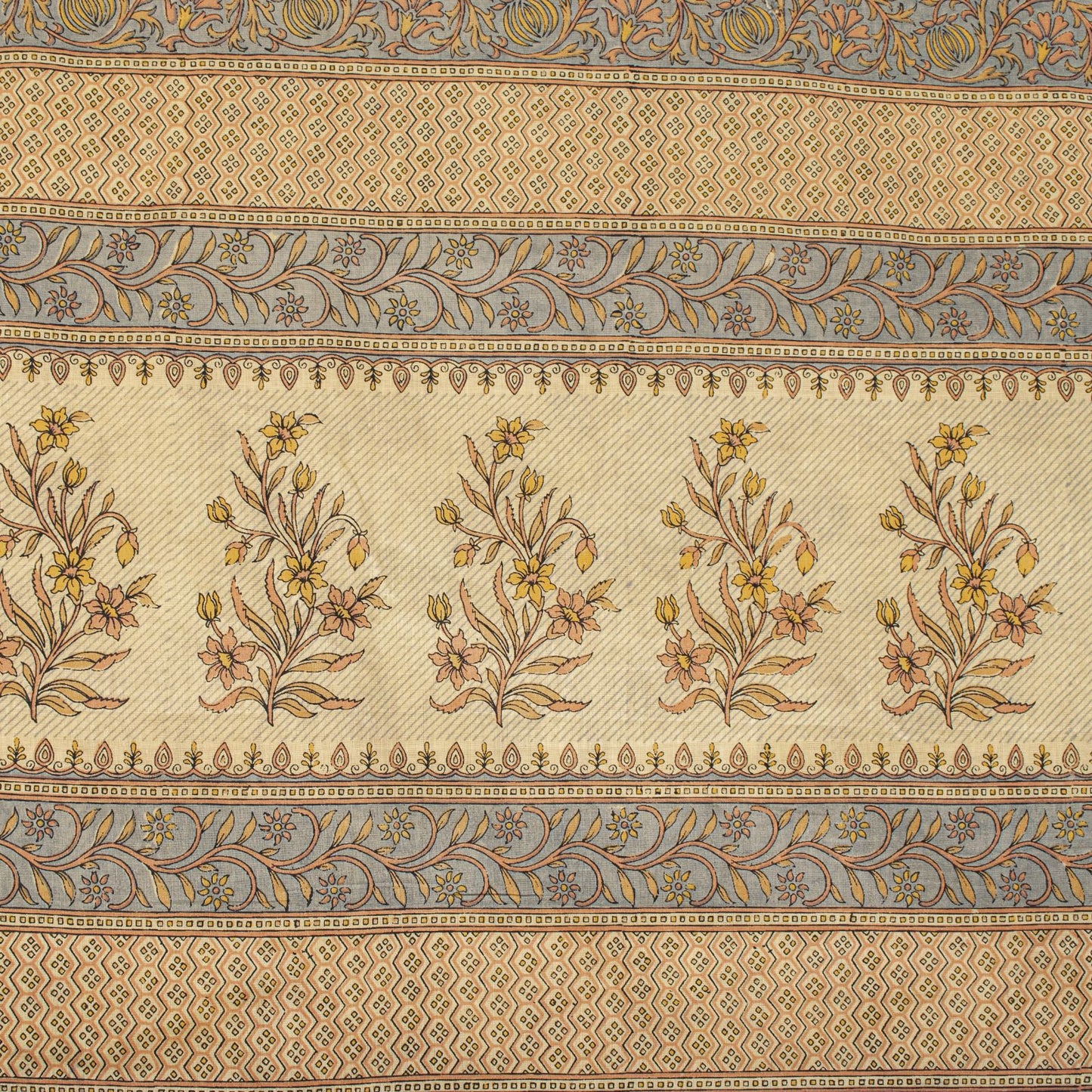 Sanskriti Vintage Saree Beige Pure Cotton Floral Printed Sari Fabric 5.5+Yard