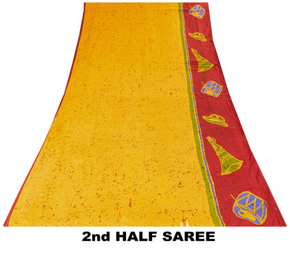 Sanskriti Vintage Saree Yellow Pure Cotton Abstract Batik Work Sari Craft Fabric