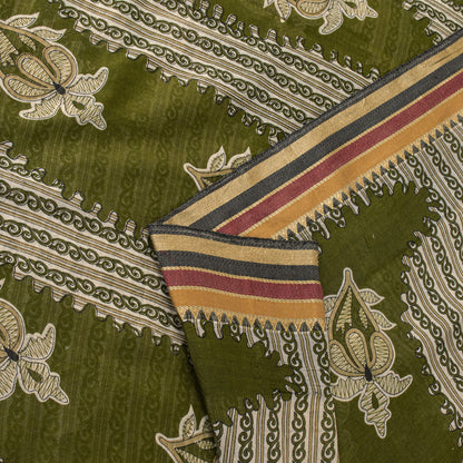 Sanskriti Vintage Saree Green Pure Cotton Paisley Print Sari 5.5+YD Craft Fabric