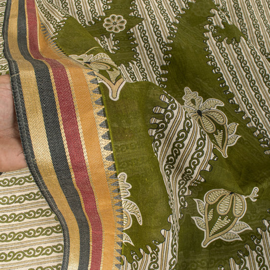 Sanskriti Vintage Saree Green Pure Cotton Paisley Print Sari 5.5+YD Craft Fabric