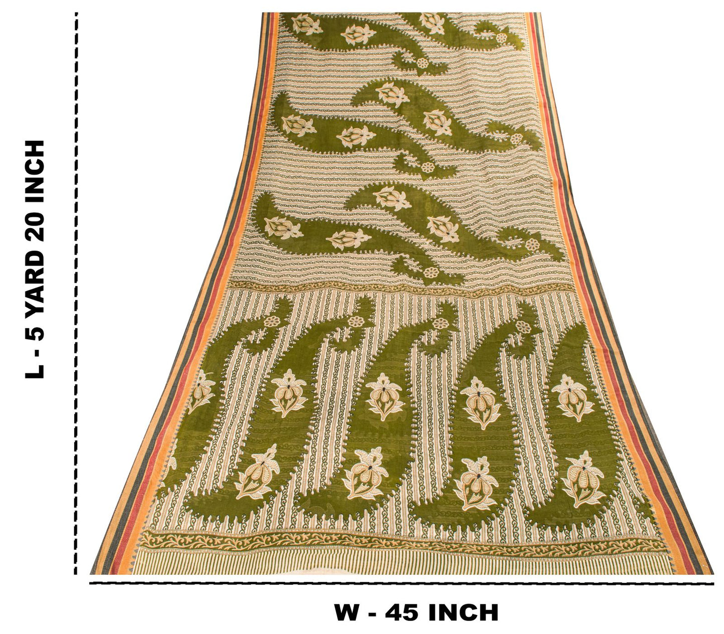 Sanskriti Vintage Saree Green Pure Cotton Paisley Print Sari 5.5+YD Craft Fabric