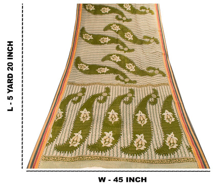 Sanskriti Vintage Saree Green Pure Cotton Paisley Print Sari 5.5+YD Craft Fabric