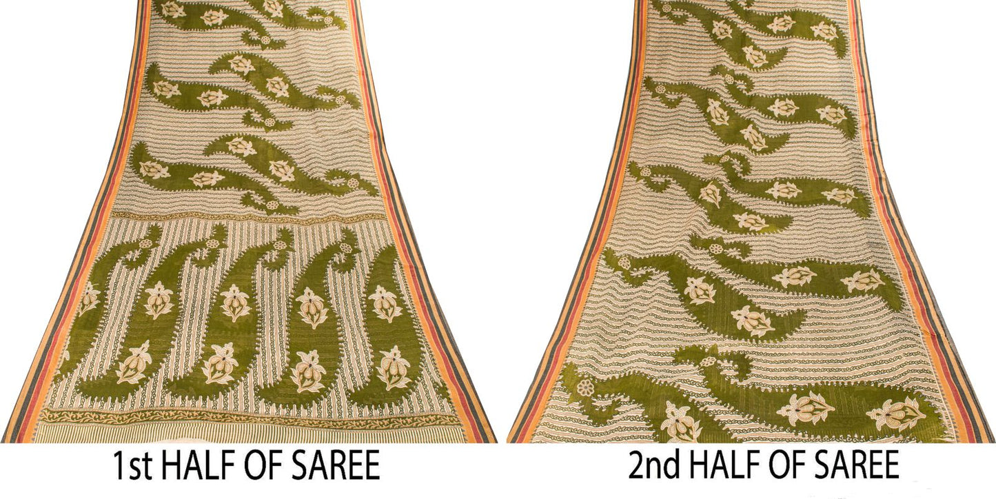 Sanskriti Vintage Saree Green Pure Cotton Paisley Print Sari 5.5+YD Craft Fabric