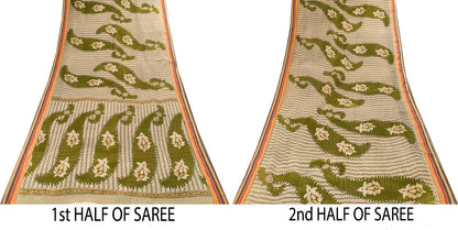 Sanskriti Vintage Saree Green Pure Cotton Paisley Print Sari 5.5+YD Craft Fabric