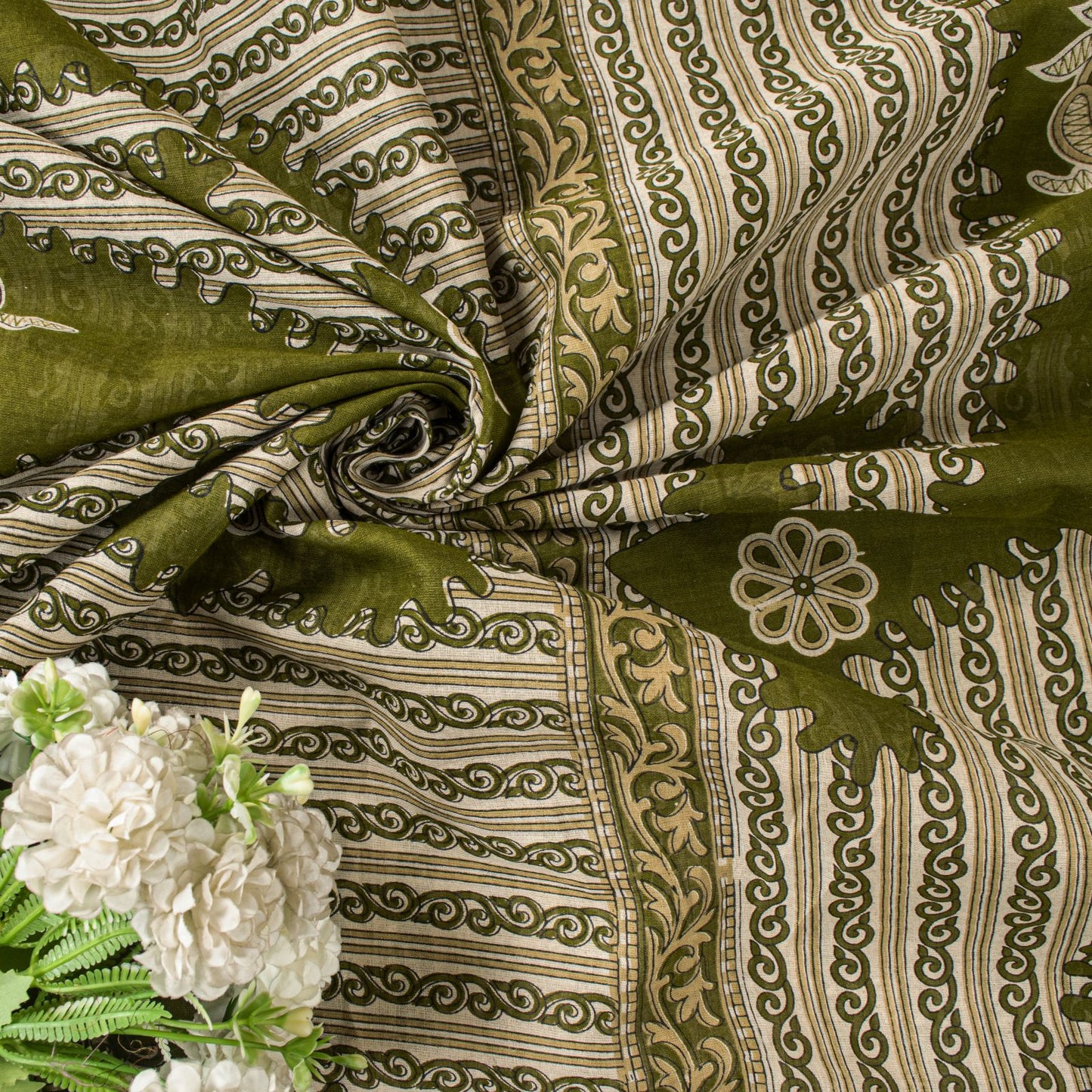 Sanskriti Vintage Saree Green Pure Cotton Paisley Print Sari 5.5+YD Craft Fabric
