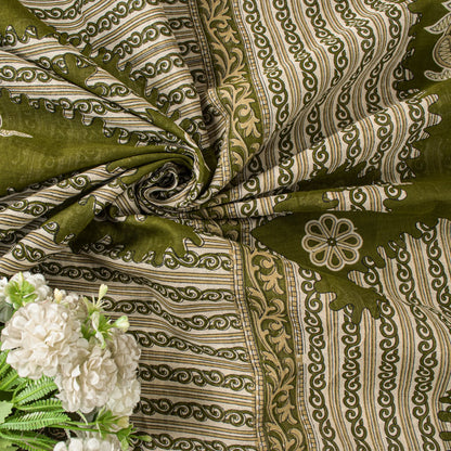 Sanskriti Vintage Saree Green Pure Cotton Paisley Print Sari 5.5+YD Craft Fabric
