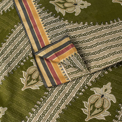Sanskriti Vintage Saree Green Pure Cotton Paisley Print Sari 5.5+YD Craft Fabric