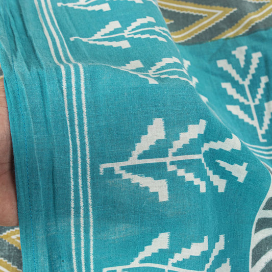 Sanskriti Vintage Saree Gray-Blue Pure Cotton Patola Print Style Sari 5YD Fabric