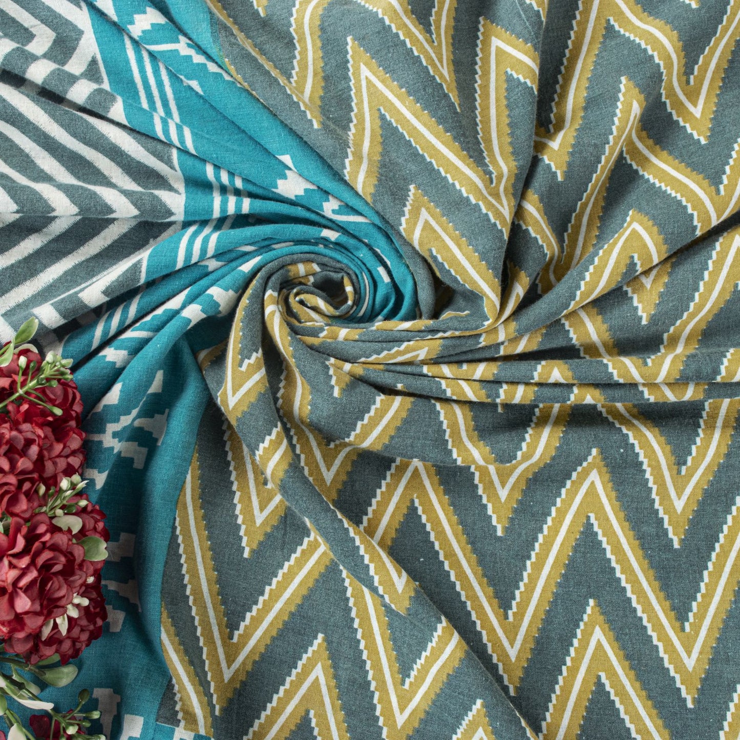 Sanskriti Vintage Saree Gray-Blue Pure Cotton Patola Print Style Sari 5YD Fabric