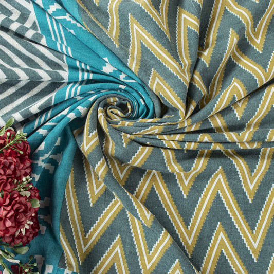 Sanskriti Vintage Saree Gray-Blue Pure Cotton Patola Print Style Sari 5YD Fabric