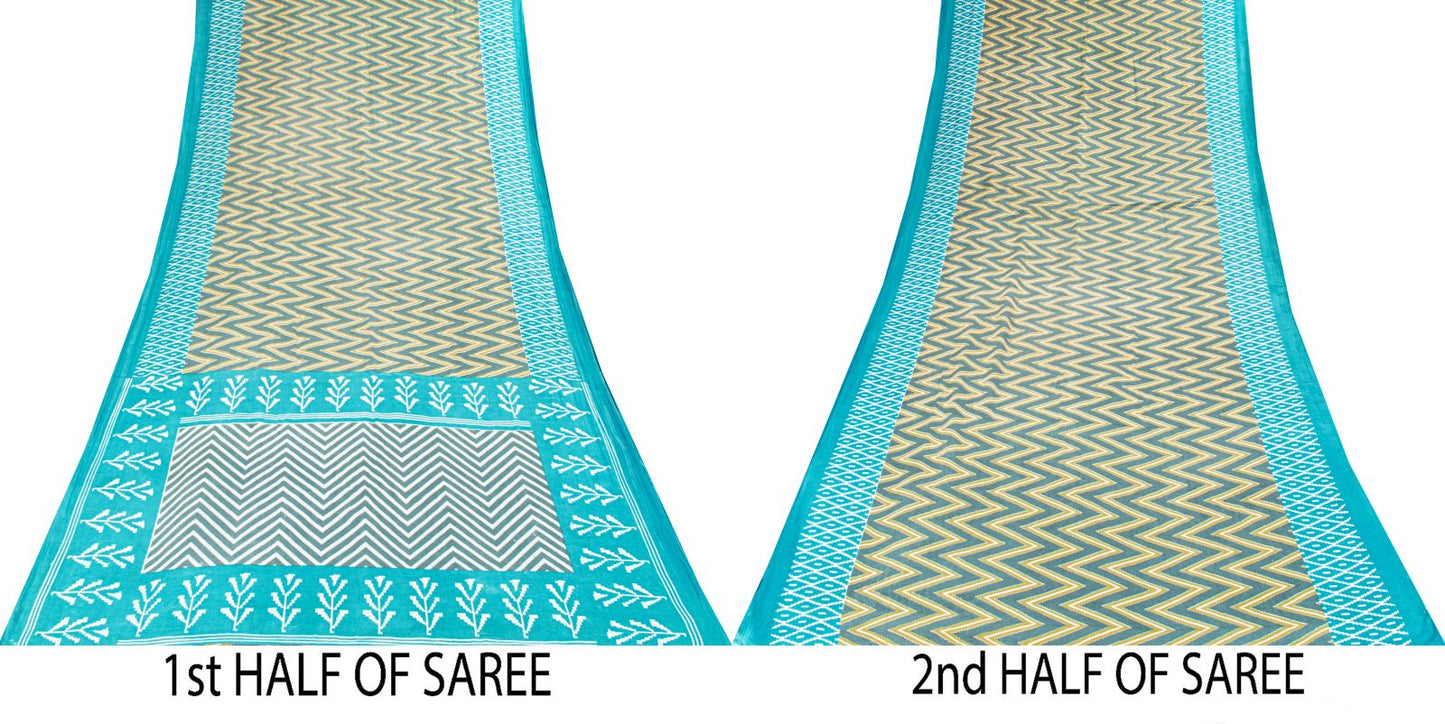 Sanskriti Vintage Saree Gray-Blue Pure Cotton Patola Print Style Sari 5YD Fabric
