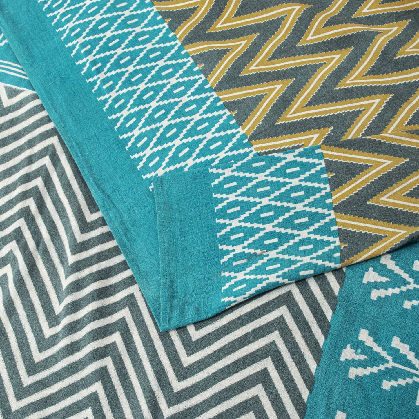 Sanskriti Vintage Saree Gray-Blue Pure Cotton Patola Print Style Sari 5YD Fabric