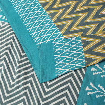 Sanskriti Vintage Saree Gray-Blue Pure Cotton Patola Print Style Sari 5YD Fabric