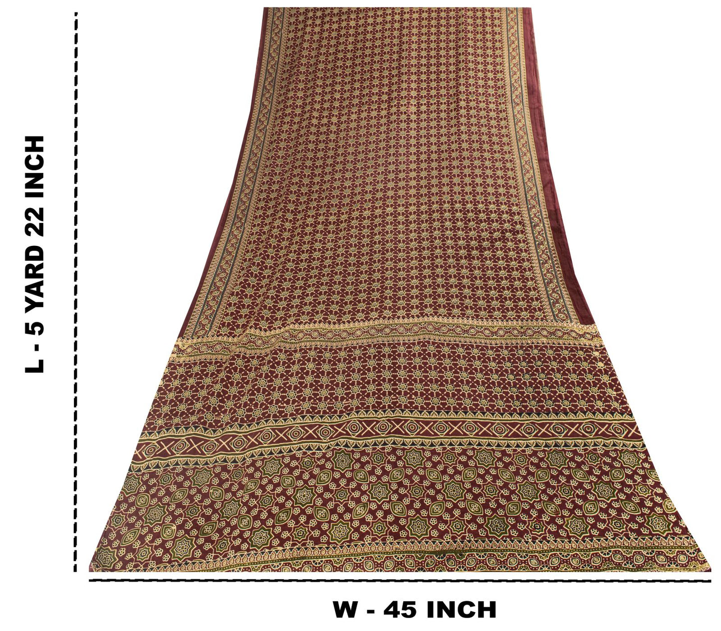Sanskriti Vintage Saree Brown Pure Cotton Ajrakh Printed Sari 5.5YD Craft Fabric