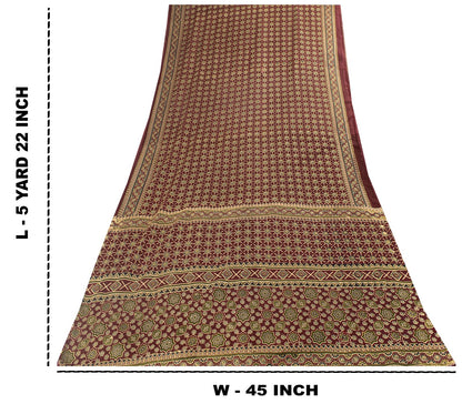 Sanskriti Vintage Saree Brown Pure Cotton Ajrakh Printed Sari 5.5YD Craft Fabric