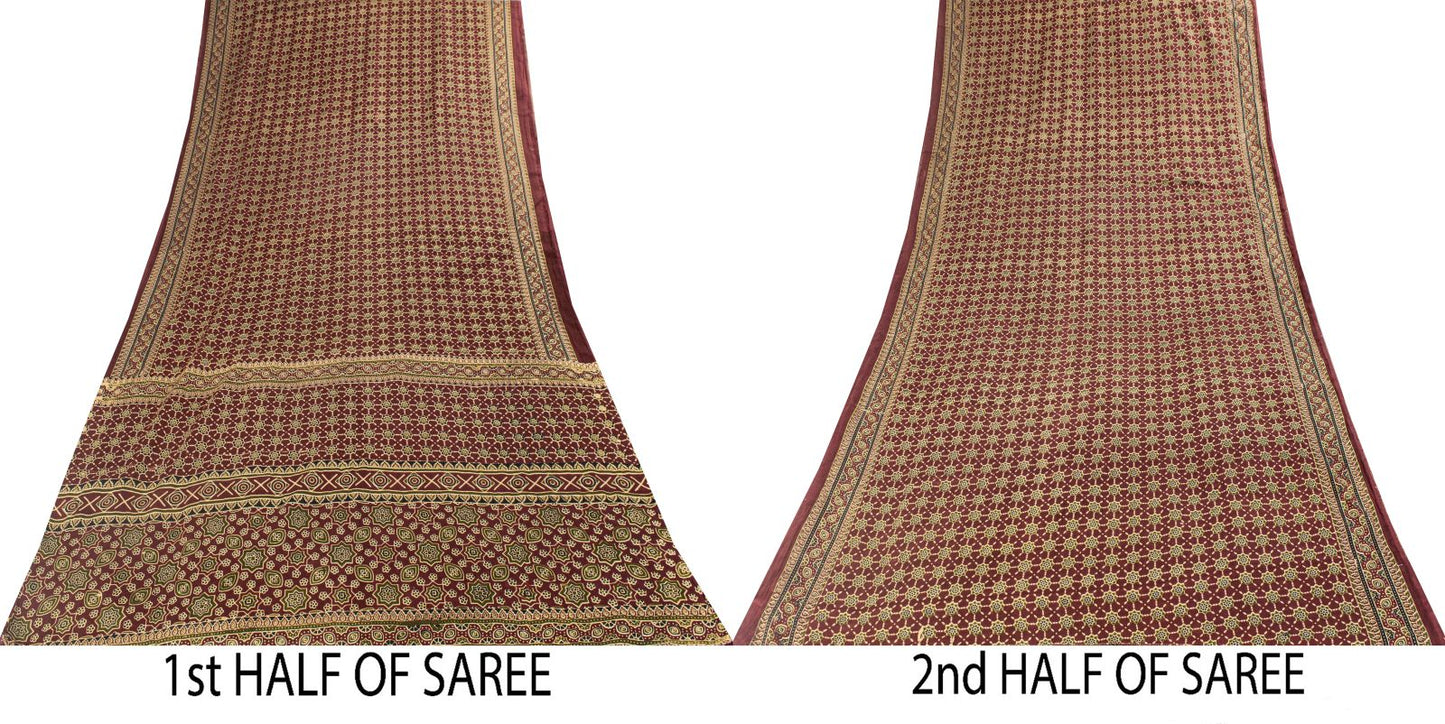 Sanskriti Vintage Saree Brown Pure Cotton Ajrakh Printed Sari 5.5YD Craft Fabric