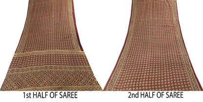 Sanskriti Vintage Saree Brown Pure Cotton Ajrakh Printed Sari 5.5YD Craft Fabric