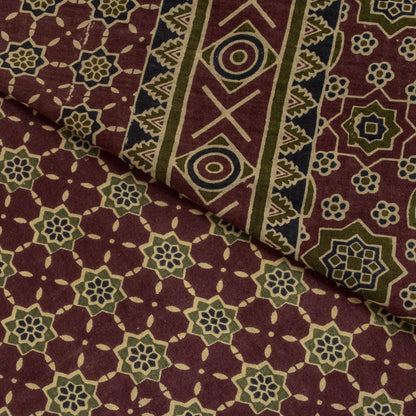 Sanskriti Vintage Saree Brown Pure Cotton Ajrakh Printed Sari 5.5YD Craft Fabric