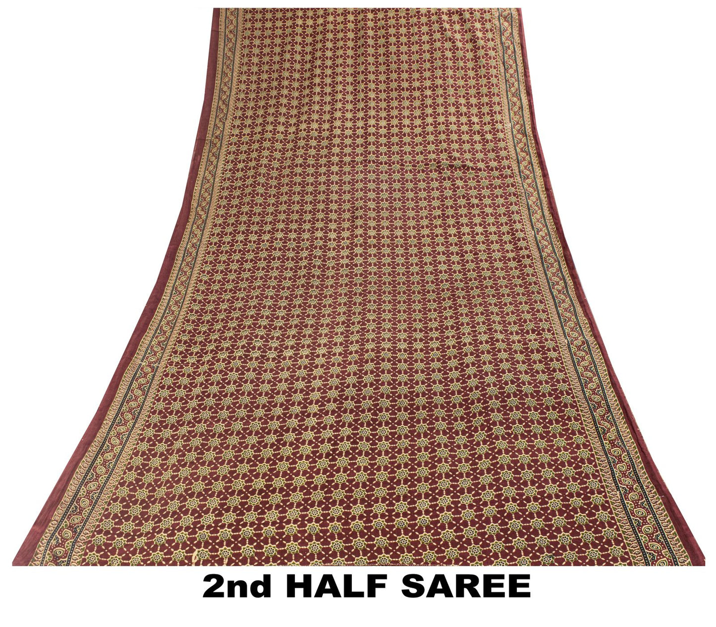 Sanskriti Vintage Saree Brown Pure Cotton Ajrakh Printed Sari 5.5YD Craft Fabric