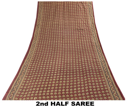 Sanskriti Vintage Saree Brown Pure Cotton Ajrakh Printed Sari 5.5YD Craft Fabric
