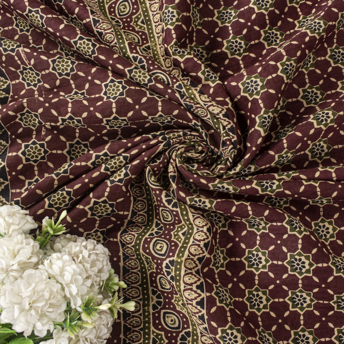Sanskriti Vintage Saree Brown Pure Cotton Ajrakh Printed Sari 5.5YD Craft Fabric