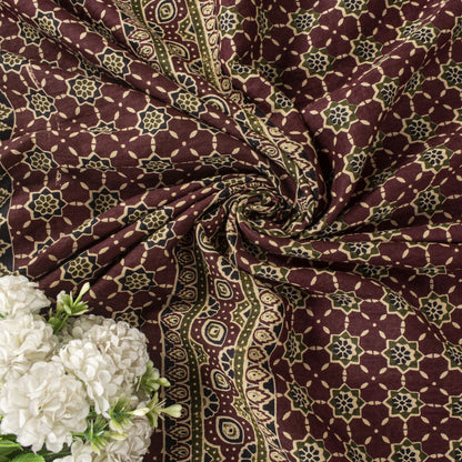 Sanskriti Vintage Saree Brown Pure Cotton Ajrakh Printed Sari 5.5YD Craft Fabric
