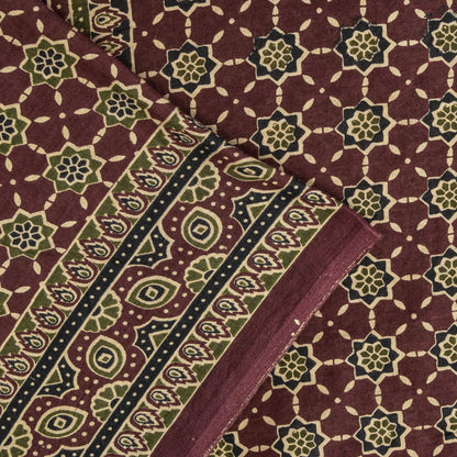 Sanskriti Vintage Saree Brown Pure Cotton Ajrakh Printed Sari 5.5YD Craft Fabric