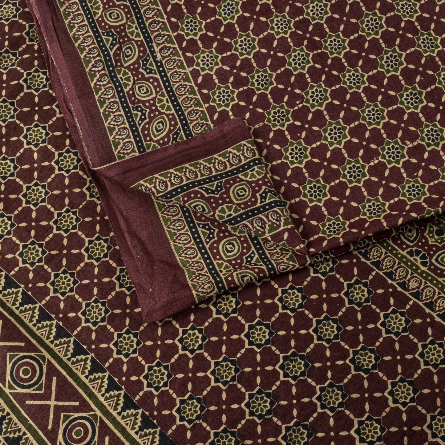 Sanskriti Vintage Saree Brown Pure Cotton Ajrakh Printed Sari 5.5YD Craft Fabric