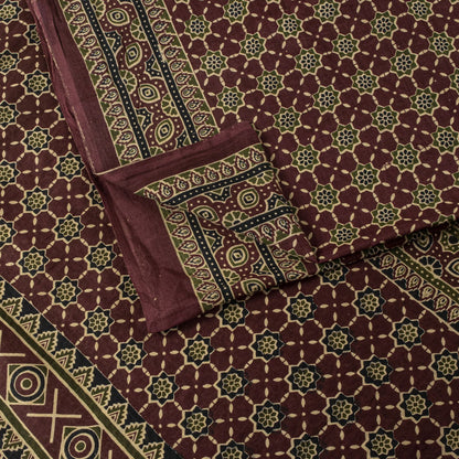 Sanskriti Vintage Saree Brown Pure Cotton Ajrakh Printed Sari 5.5YD Craft Fabric