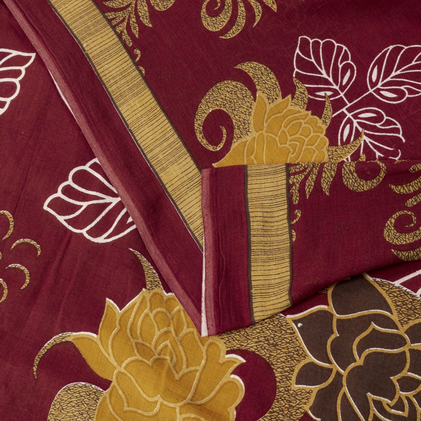 Sanskriti Vintage Saree Yellow-Wine Pure Cotton Floral Printed Sari 5+YD Fabric
