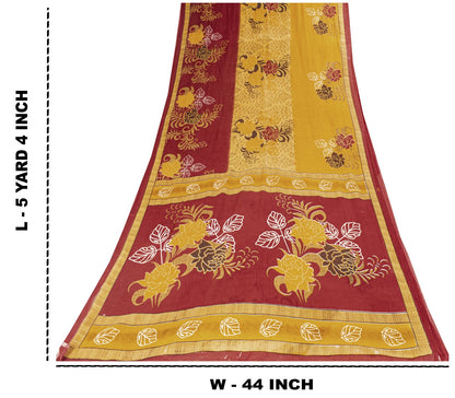 Sanskriti Vintage Saree Yellow-Wine Pure Cotton Floral Printed Sari 5+YD Fabric