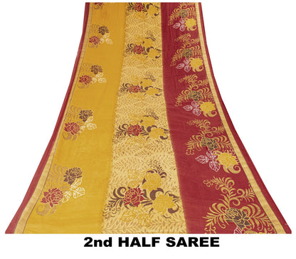 Sanskriti Vintage Saree Yellow-Wine Pure Cotton Floral Printed Sari 5+YD Fabric