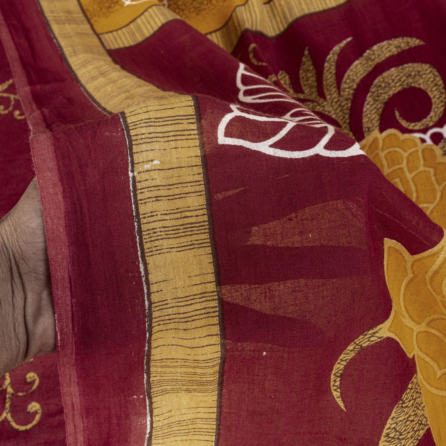 Sanskriti Vintage Saree Yellow-Wine Pure Cotton Floral Printed Sari 5+YD Fabric