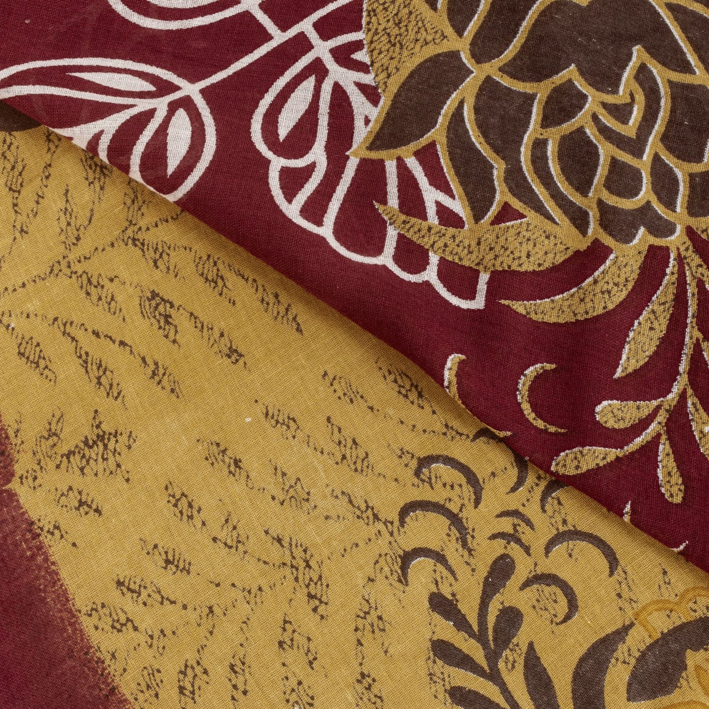 Sanskriti Vintage Saree Yellow-Wine Pure Cotton Floral Printed Sari 5+YD Fabric