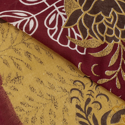 Sanskriti Vintage Saree Yellow-Wine Pure Cotton Floral Printed Sari 5+YD Fabric