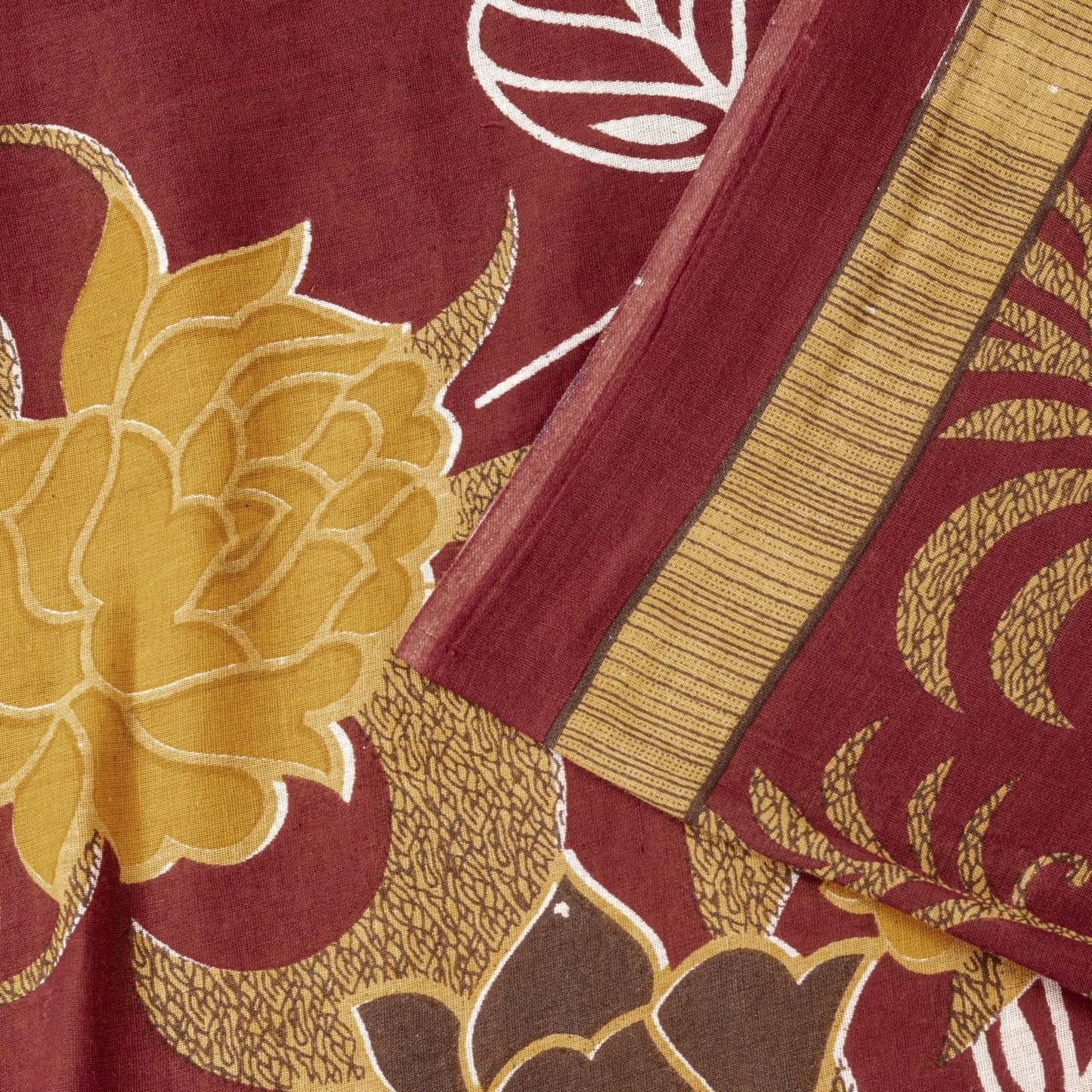 Sanskriti Vintage Saree Yellow-Wine Pure Cotton Floral Printed Sari 5+YD Fabric