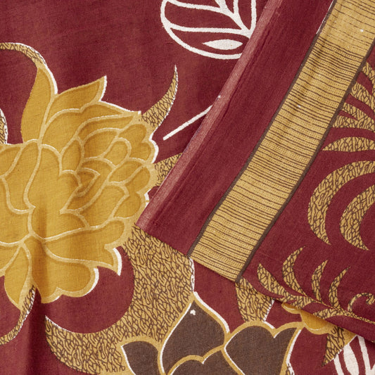 Sanskriti Vintage Saree Yellow-Wine Pure Cotton Floral Printed Sari 5+YD Fabric