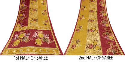 Sanskriti Vintage Saree Yellow-Wine Pure Cotton Floral Printed Sari 5+YD Fabric