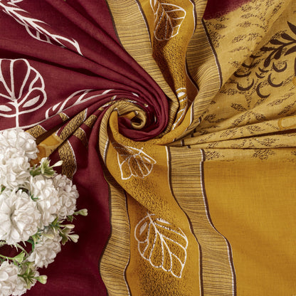 Sanskriti Vintage Saree Yellow-Wine Pure Cotton Floral Printed Sari 5+YD Fabric