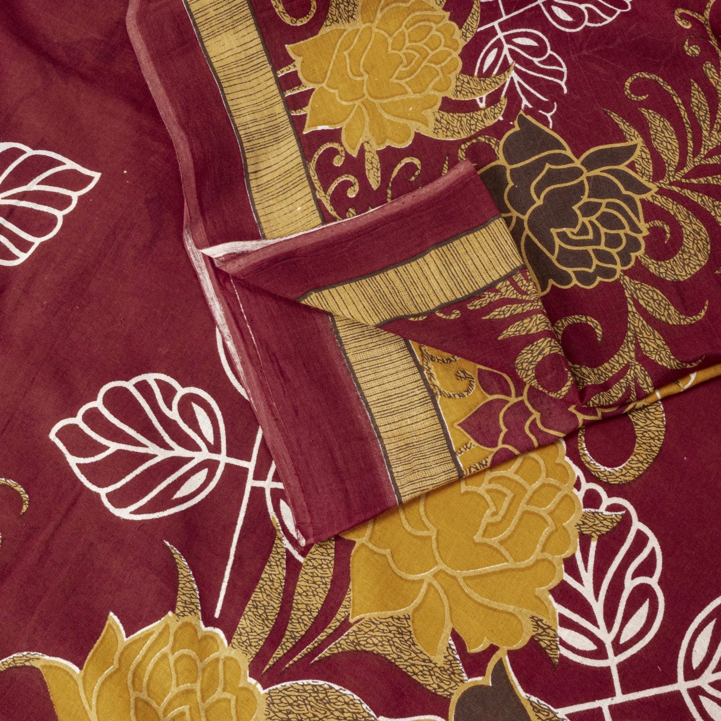 Sanskriti Vintage Saree Yellow-Wine Pure Cotton Floral Printed Sari 5+YD Fabric