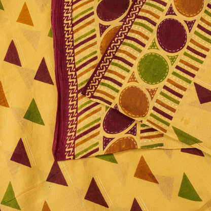 Sanskriti Vintage Saree Yellow Pure Cotton Ikat Print Geometric Sari 5+YD Fabric
