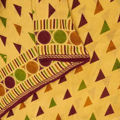 Sanskriti Vintage Saree Yellow Pure Cotton Ikat Print Geometric Sari 5+YD Fabric
